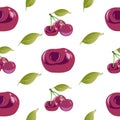 Seamless background from twigs with cherries and green leaves. Vector illustration isolated on white background. Royalty Free Stock Photo