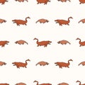 Seamless background two aquatic Mosasaurus dinosaur gender neutral baby pattern. Simple whimsical minimal earthy 2 tone