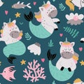 Seamless background with underwater unicorns