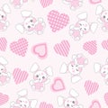 Seamless background of Valentine`s day illustration with cute pink bunny with love shape on pink background