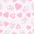 Seamless background of Valentine`s day illustration with cute pink bunny with love shape on polka dot background