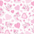 Seamless background of Valentine`s day illustration with cute pink cat and love shape on polka dot background Royalty Free Stock Photo
