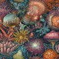 Seamless background, various coral species, AI generative watercolor background