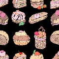 Seamless background of various drawn cakes