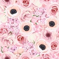 Seamless background with various pink flowers. Vector illustration.