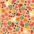 Seamless background with various tropical fruits on orange. Vector fruit pattern.