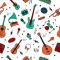 Seamless background for wallpaper and fabric. Music instruments icons. Hand drawn Royalty Free Stock Photo