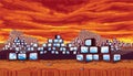 Seamless background - wasteland with ominous sky, scrapyard of pyramids retro TV