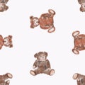 Seamless background of watercolor brush drawings old stuffed toys teddy bears