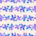 Seamless background from watercolor drawings flying butterflies and daisies in rows