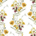 Seamless background of watercolor sketches of wildflowers bouquets