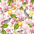 Seamless background with watercolors magnolia and lemon. Berryes, butterfly and birds. Lovely realistic garden flowers.