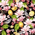 Seamless background with watercolors magnolia and lemon. Berryes, butterfly and birds. Lovely realistic garden flowers.