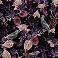 Seamless background with watercolors magnolia and lemon. Berryes, butterfly and birds. Lovely realistic garden flowers.