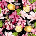 Seamless background with watercolors petunia, magnolia and lemon. Berryes, butterfly and birds. Lovely realistic garden flowers.