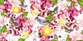 Seamless background with watercolors petunia, magnolia and lemon. Berryes, butterfly and birds. Lovely realistic garden flowers.