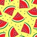 Seamless background with watermelon. Pieces of watermelon on a yellow background. A simple pattern. Vector illustrati