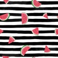 Seamless background with watermelon slices on black and white watercolor stripes . design for holiday greeting card and invitation Royalty Free Stock Photo