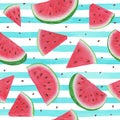 Seamless background with watermelon slices on blue watercolor stripes . design for holiday greeting card and invitation of Royalty Free Stock Photo
