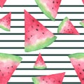 Seamless background with watermelon slices on stripes. Royalty Free Stock Photo