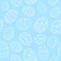 Seamless background with white contour Easter eggs on a blue background