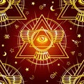 Seamless background: Winged pyramid, all-seeing eye. Space symbols. Esoteric, mysticism, occultism. Royalty Free Stock Photo