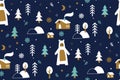 Seamless background with winter forest, bear, winter forest, snowflakes. Childish seamless pattern. Trendy scandinavian holiday Royalty Free Stock Photo