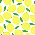 Seamless background with yellow lemons and green leaves.