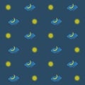 Seamless background, yellow stars and month, blue clouds on a dark blue background, sky, night Royalty Free Stock Photo