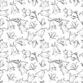 A set of seamless backgrounds with leaves, flowers and flower bud. Line drawing. Lines have different widths. Black Royalty Free Stock Photo