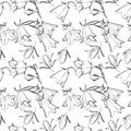 A set of seamless backgrounds with leaves, flowers and flower bud. Line drawing. Lines have different widths. Black Royalty Free Stock Photo