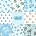Seamless backgrounds with marine life. Vector illustration.