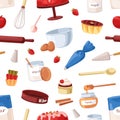 Seamless baking pattern with bakery tools, cooking utensils, confectionery ingredients. Bakers repeating print, endless
