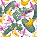 Seamless pattern with Banana leaves, fruits and flowers in realistic style with high details.