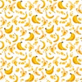 Seamless pattern with bright yellow spots and hand-drawn bananas with high details in a realistic style.