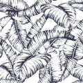 Seamless banana leaves pattern for fashion textile, black line plant vector illustration