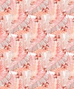Seamless banana leaves pattern, jungle mood with flowers in bright coral tones