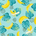 Seamless banana pattern with tropic leaves and fruits