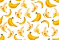 Seamless pattern with bright yellow, hand-drawn bananas with high details in a realistic style. Perfect Royalty Free Stock Photo