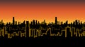 Seamless band of the city at sunrise or sunset with yellow neon color. Vivid glow of the contours of tall buildings.