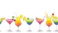 Seamless banner colorful beach cocktails, Tequila Sunrise Cosmopolitan Daiquiri Martini. Hand drawn watercolor Royalty Free Stock Photo