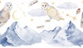 Seamless banner or frame with watercolor illustration of snowy blue mountains, barn owls, feathers, moon, stars,clouds Royalty Free Stock Photo