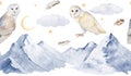 Seamless banner or frame with watercolor illustration of snowy blue mountains, barn owls, feathers, moon, stars,clouds Royalty Free Stock Photo