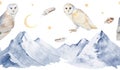 Seamless banner or frame with watercolor illustration of snowy blue mountains, barn owls, feathers, moon, stars Royalty Free Stock Photo