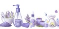 Seamless banner violet lavender flowers, essential oil, cosmetics bottles, soap. Hand drawn watercolor illustration Royalty Free Stock Photo