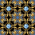 Seamless baroque pattern with golden scrolls and gems