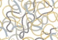 Seamless Baroque print with golden realistic chains, braid, belts, tassel for fabric design. Seamless chain tassel pattern