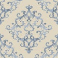 Seamless baroque style damask ornamental pattern. Hand drawn watercolor blue texture