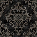 Seamless baroque style damask ornamental velvet pattern. Grey texture on black background Royalty Free Stock Photo