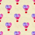 Seamless based on a watercolor illustration. Balloon in the form of heart flying in the sky. Royalty Free Stock Photo